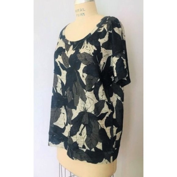 ZARA NAVY GRAY BEIGE LINEN LEAF PRINT SHORT SLEEVE T-SHIRT MEDIUM - Picture 2 of 8